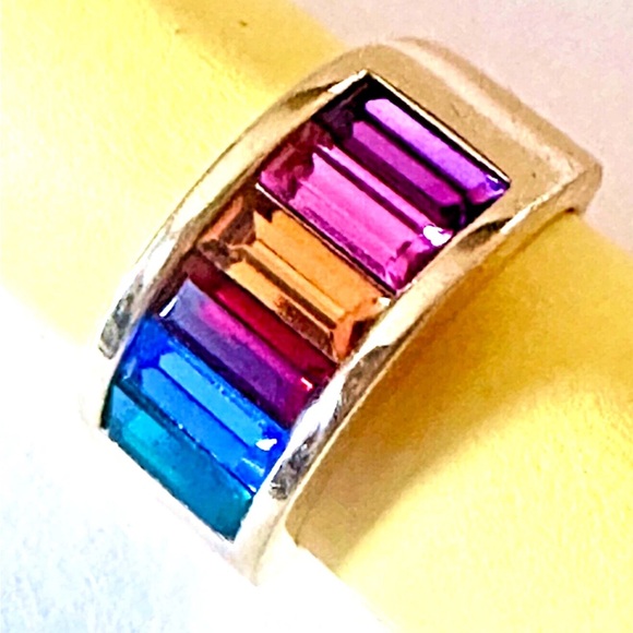 Jewelry - Rainbow Of Six Pave Crystals Channel Set Shiny Gold Tone Ring